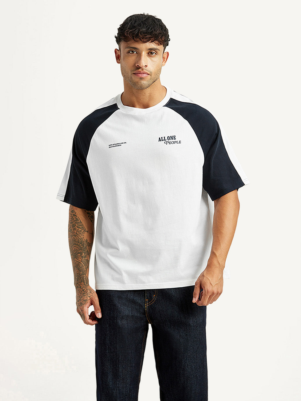 Men's Colorblock White Loose Fit T-shirt - Front View