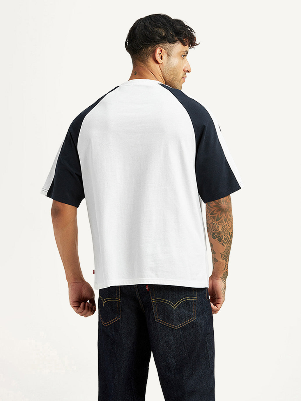 Men's Colorblock White Loose Fit T-shirt - Back View