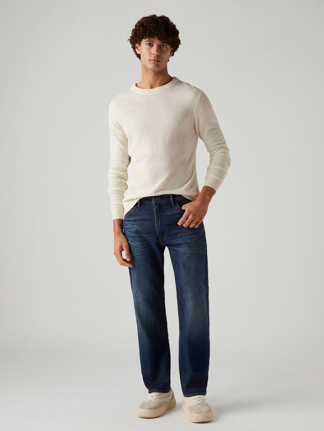 Men's 555 Dark Blue Relaxed Straight Fit Mid Rise Redloop Jeans - Styleshot View