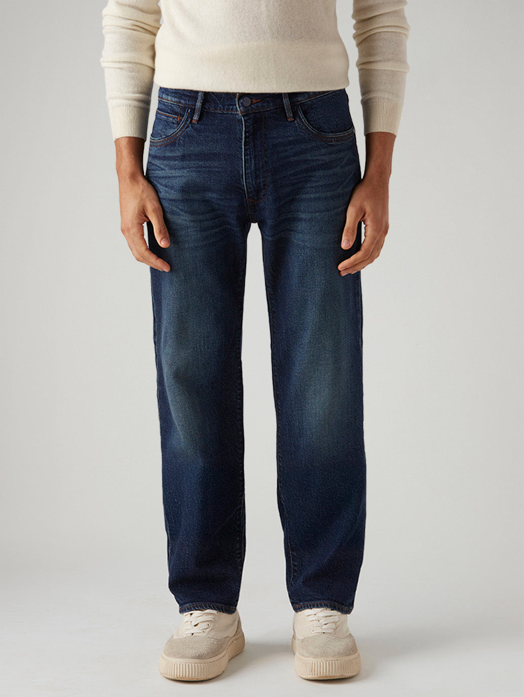 Men's 555 Dark Blue Relaxed Straight Fit Mid Rise Redloop Jeans - Front View
