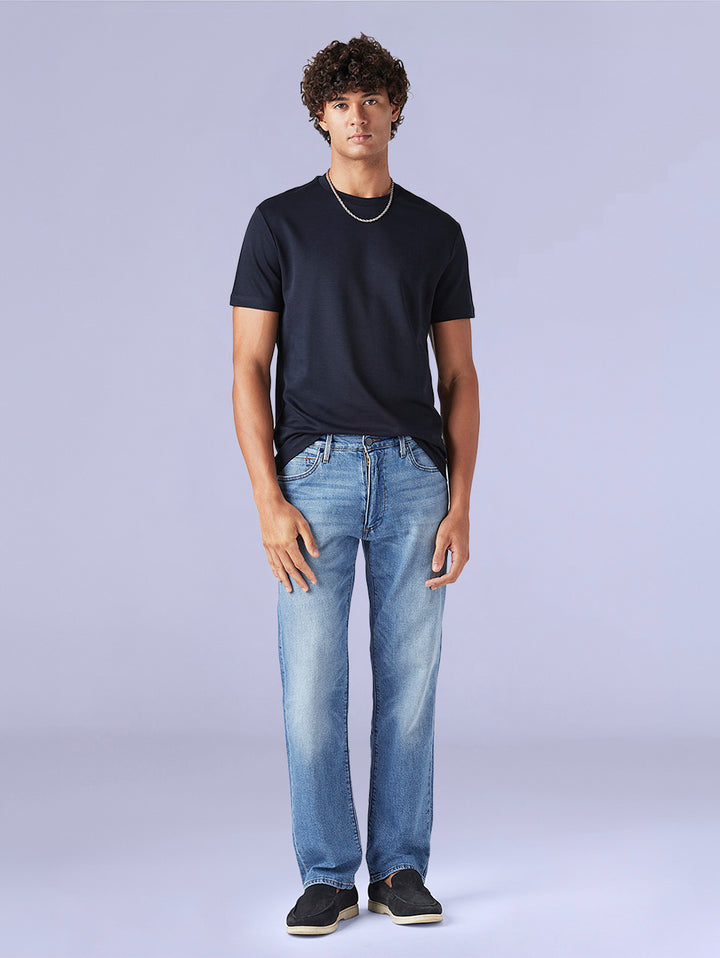 Men's 555 Light Blue Relaxed Straight Fit Mid Rise Redloop Jeans