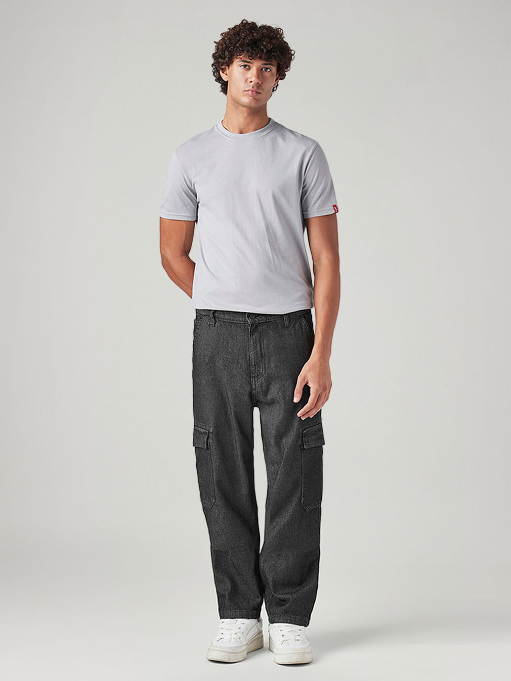 Men's 568 Charcoal Grey Loose Fit Mid Rise Cargos - Front View