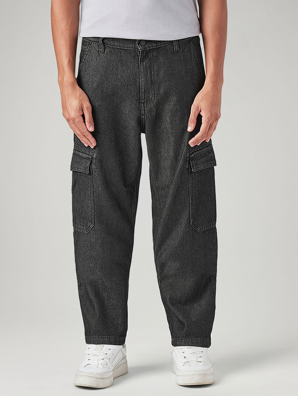 Men's 568 Charcoal Grey Loose Fit Mid Rise Cargos - Front View