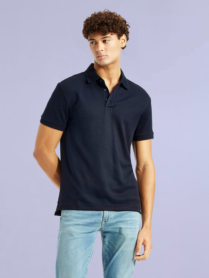 Men's Redloop Solid Navy Slim Fit Polo T-shirt