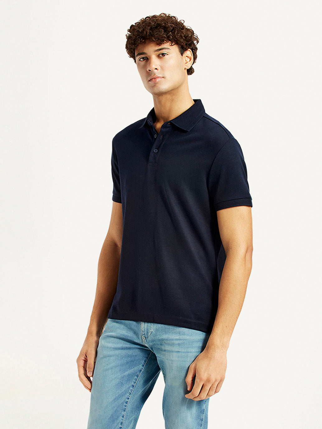 Men's Redloop Solid Navy Slim Fit Polo T-shirt - Side View