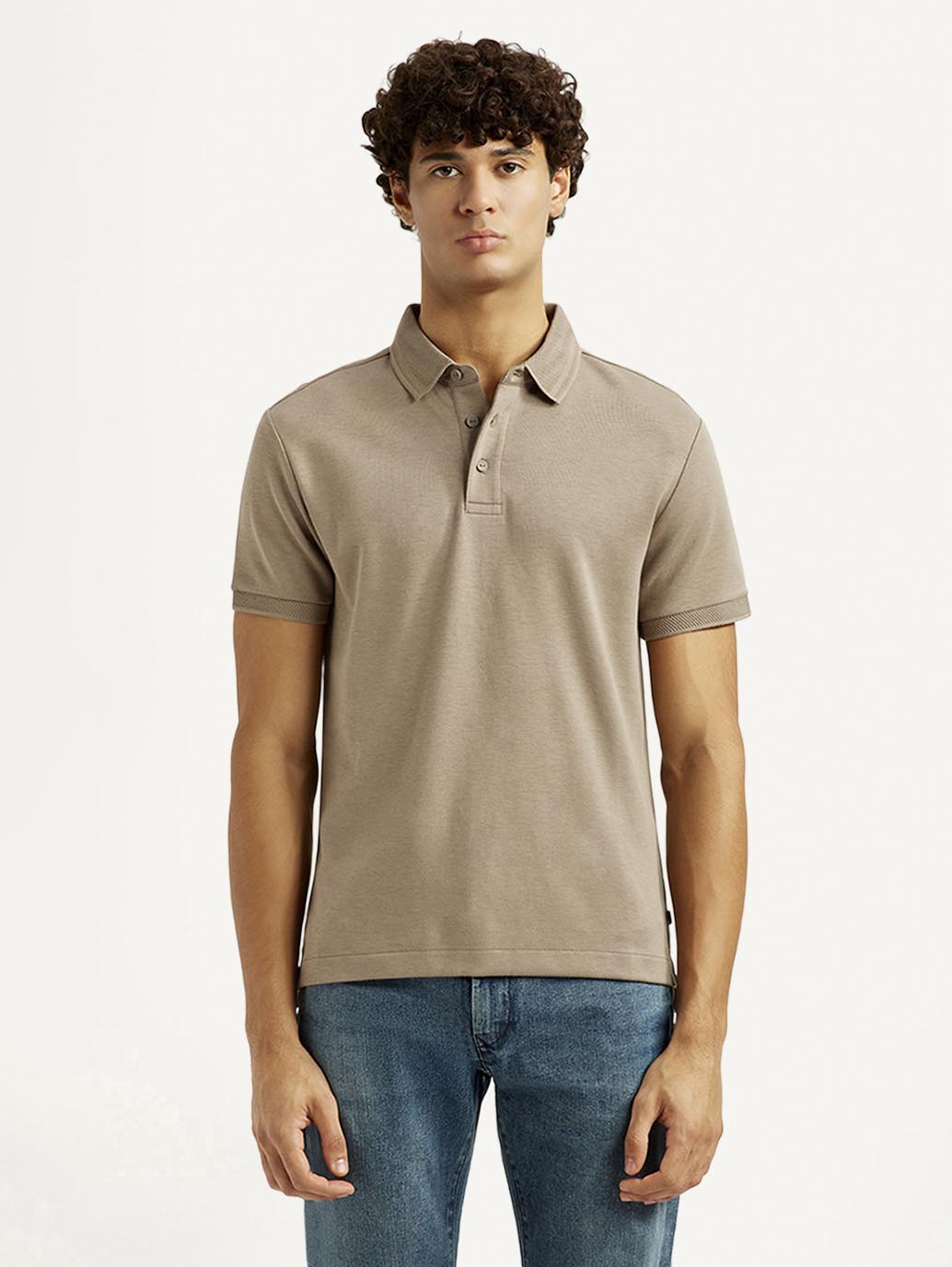 Men's Solid Beige Slim Fit Polo T-shirt - Front View