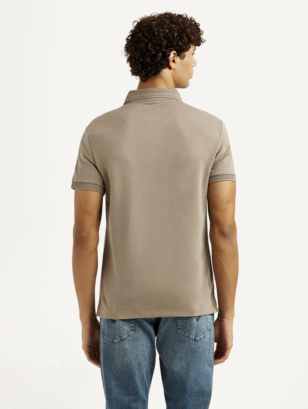 Men's Solid Beige Slim Fit Polo T-shirt - Back View