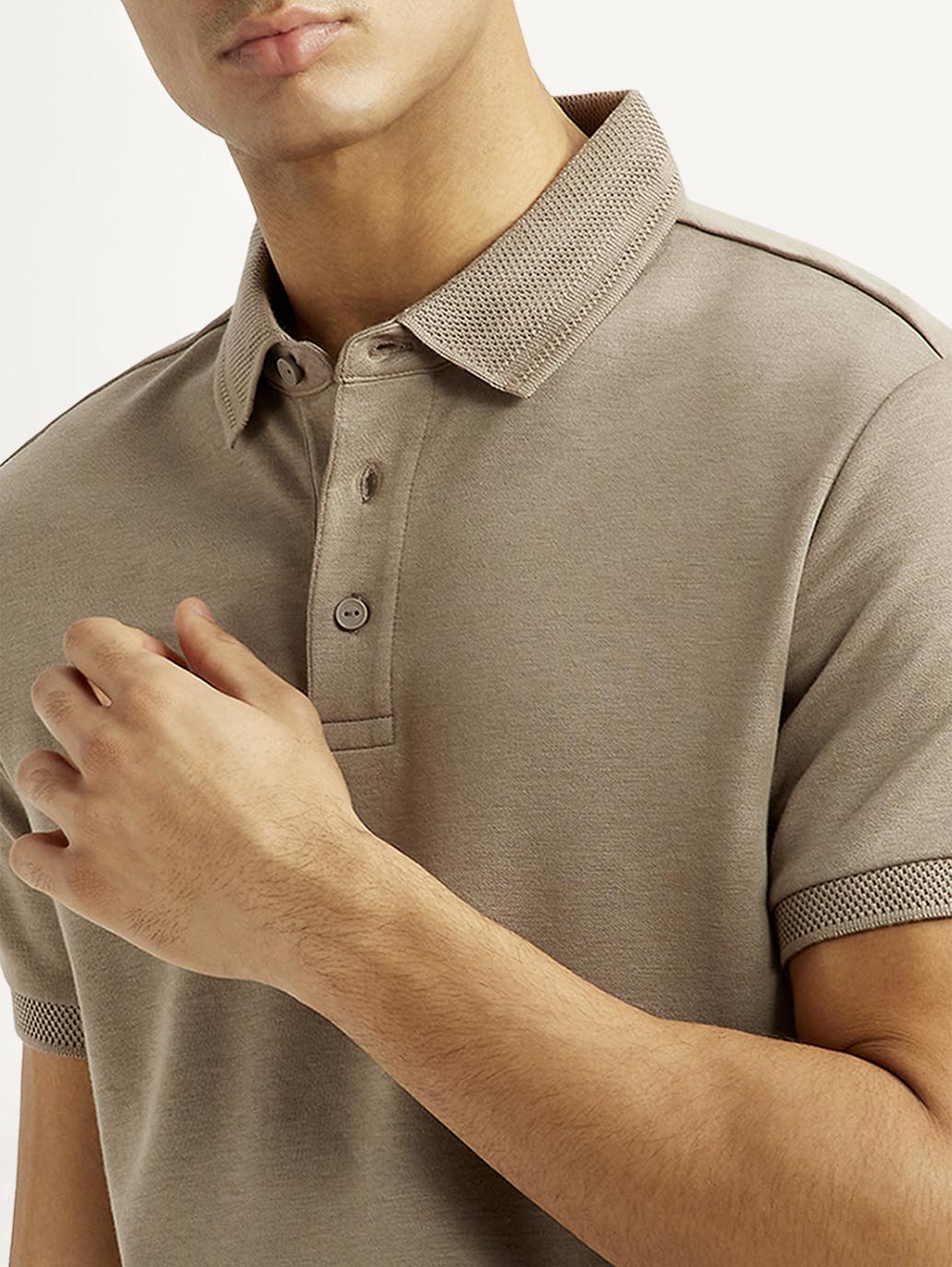 Men's Solid Beige Slim Fit Polo T-shirt - Detail View
