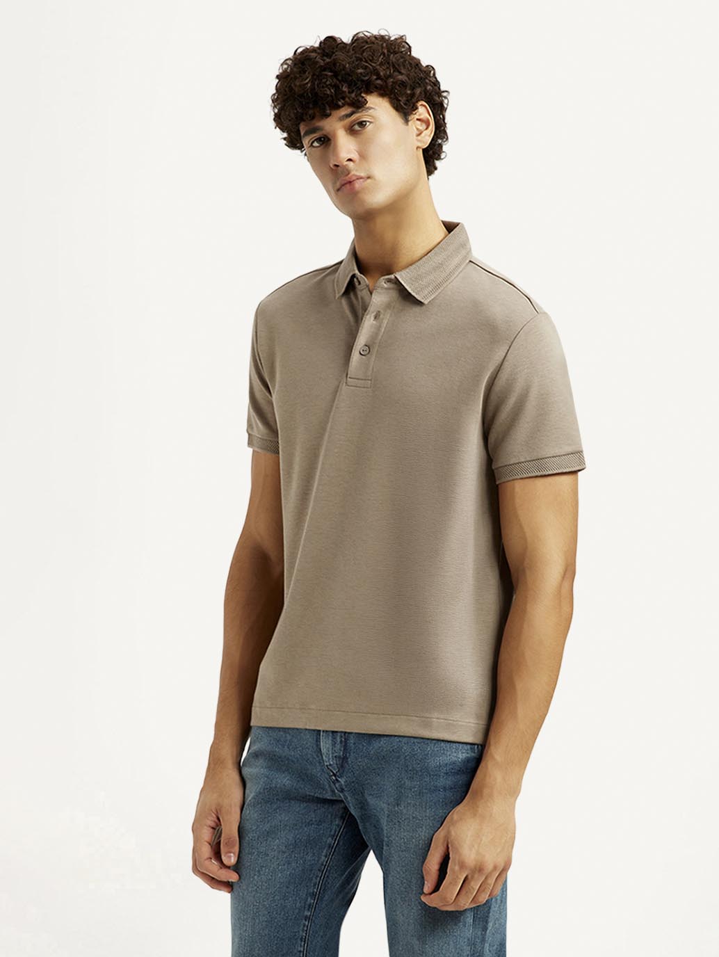 Men's Solid Beige Slim Fit Polo T-shirt - Side View