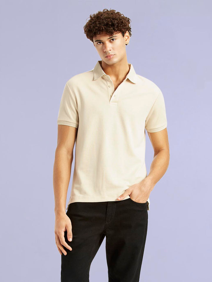 Men's Redloop Solid Cream Slim Fit Polo T-shirt