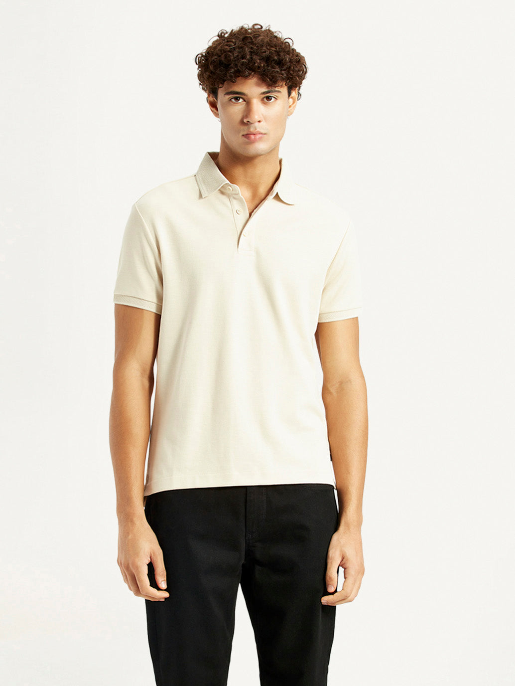 Men's Redloop Solid Cream Slim Fit Polo T-shirt - Front View