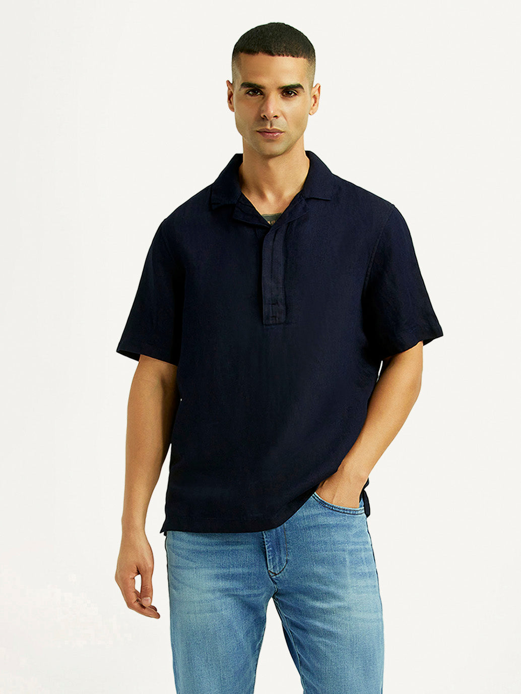 Men's Solid Navy Relaxed Fit Camp Shirt
