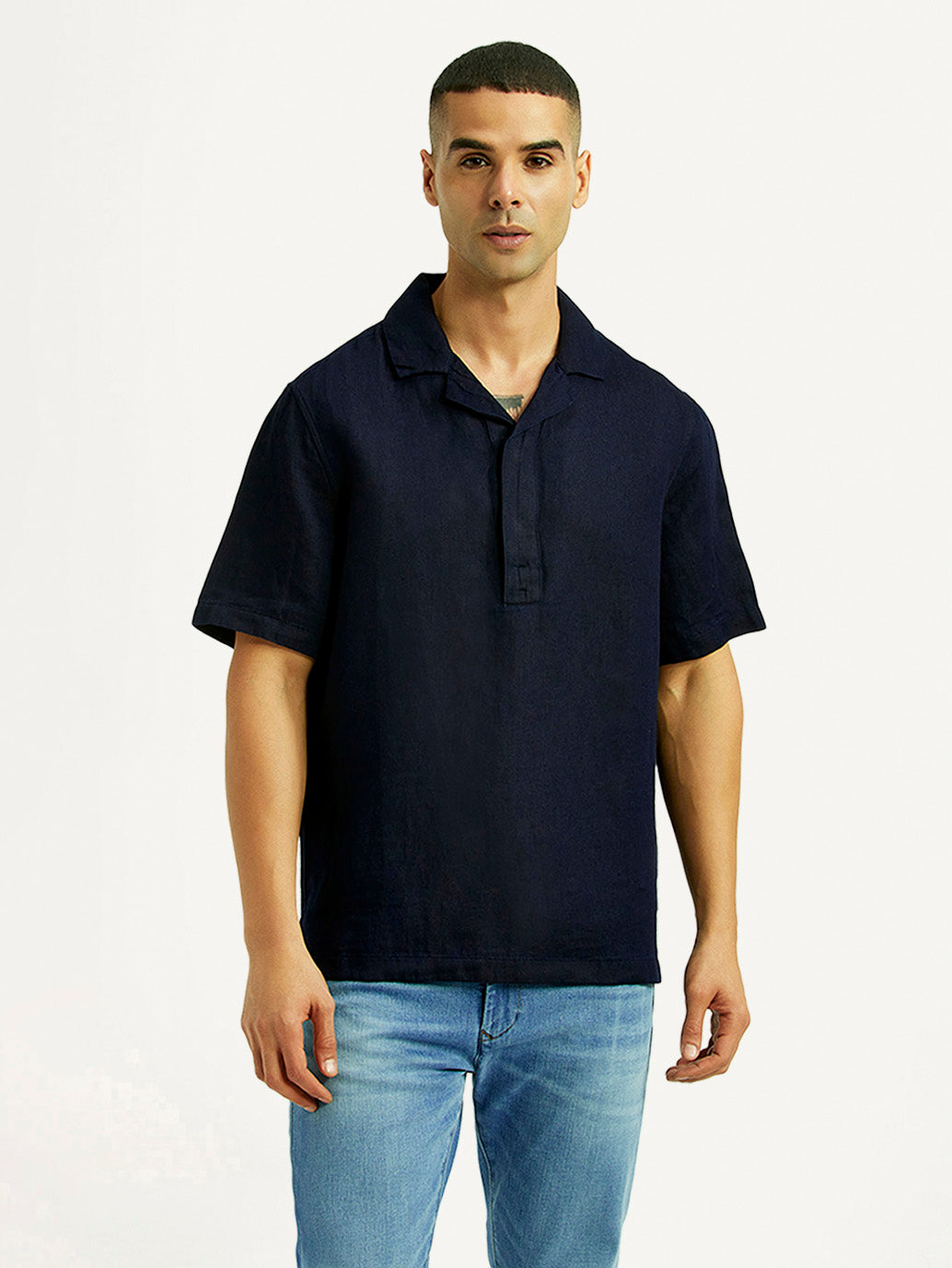 Men's Solid Navy Relaxed Fit Camp T-shirt - Front View