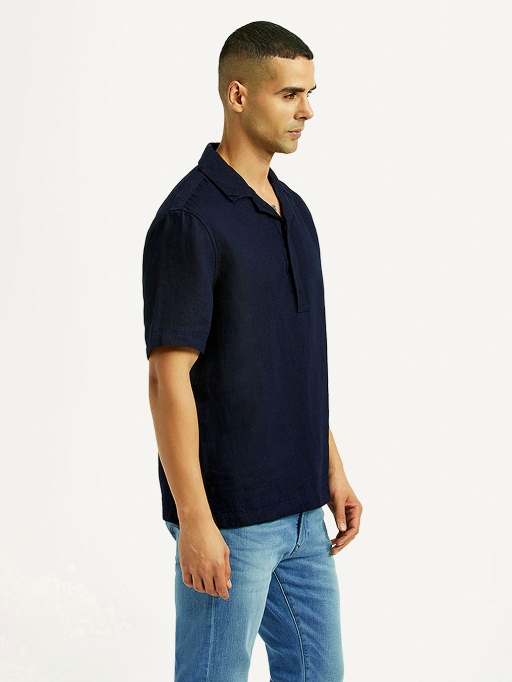 Men's Solid Navy Relaxed Fit Camp Shirt - Side View