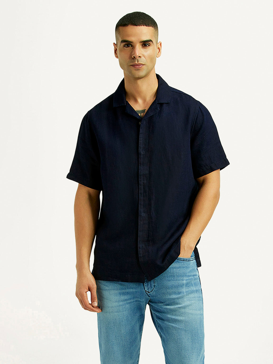 Men's Solid Navy Relaxed Fit Camp Shirt