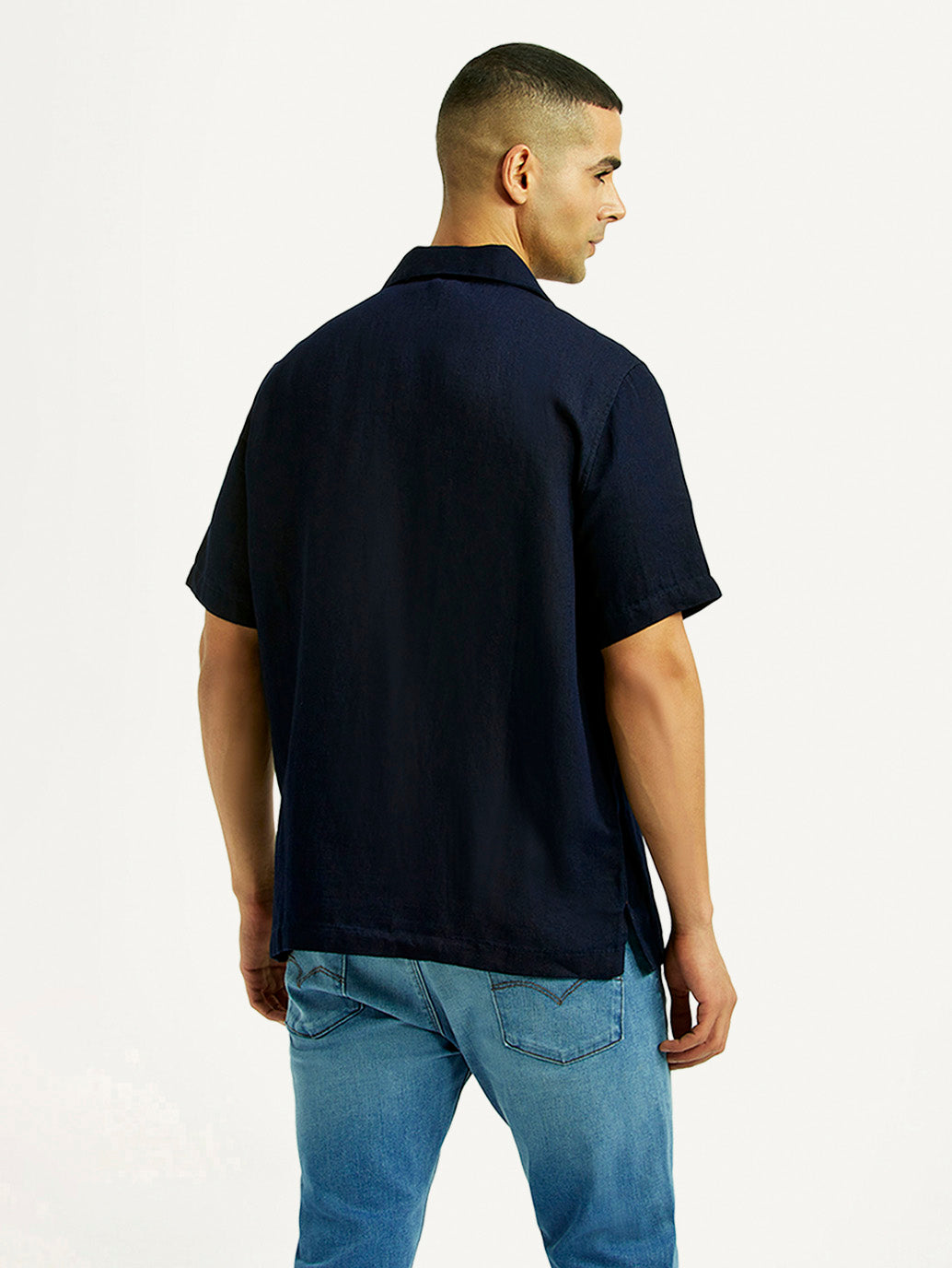 Men's Solid Navy Relaxed Fit Camp Shirt - Back View