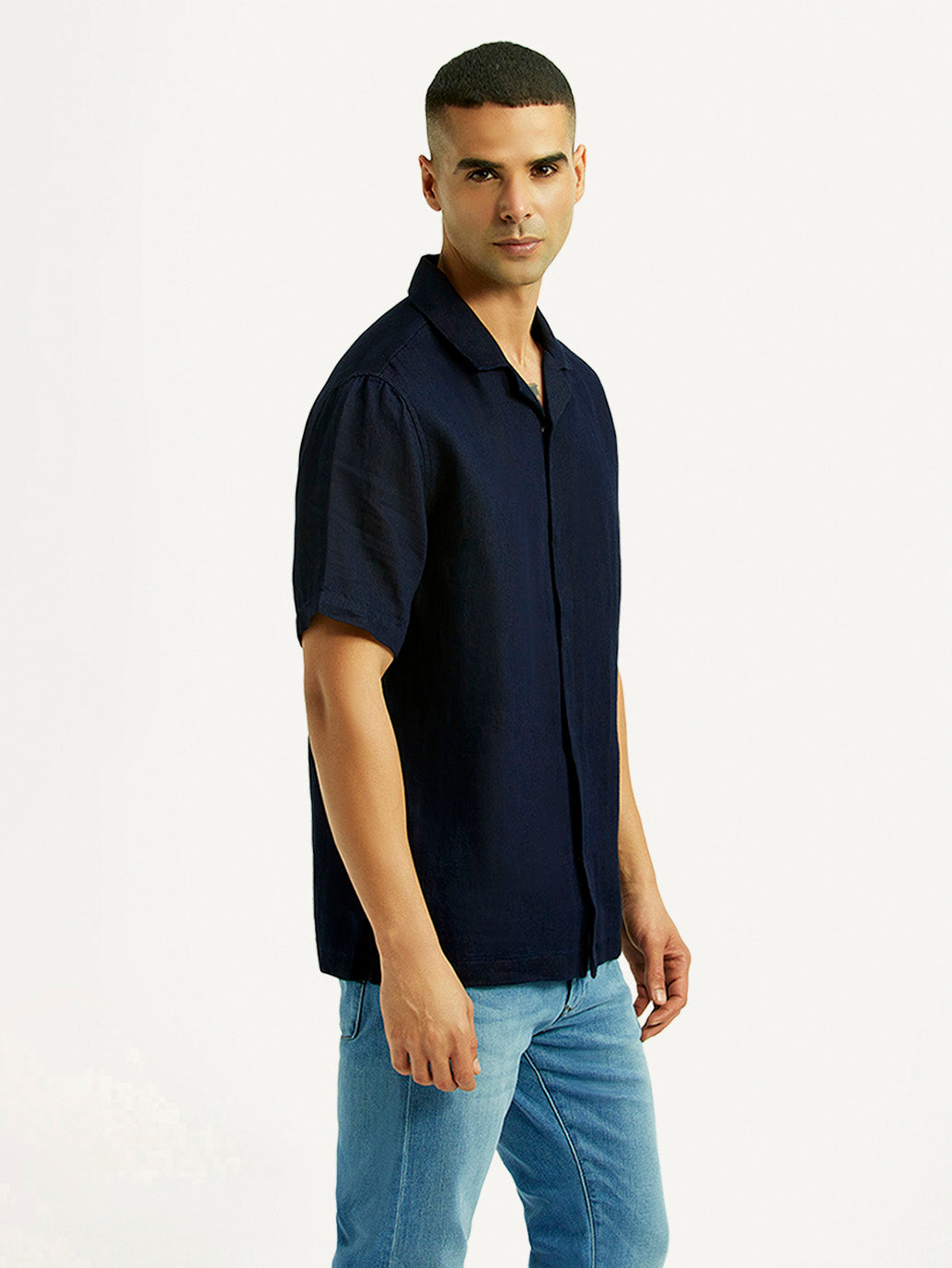Men's Solid Navy Relaxed Fit Camp Shirt - Side View