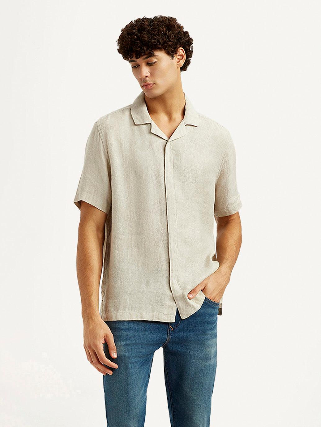 Men's Redloop Solid Beige Relaxed Fit Camp Shirt