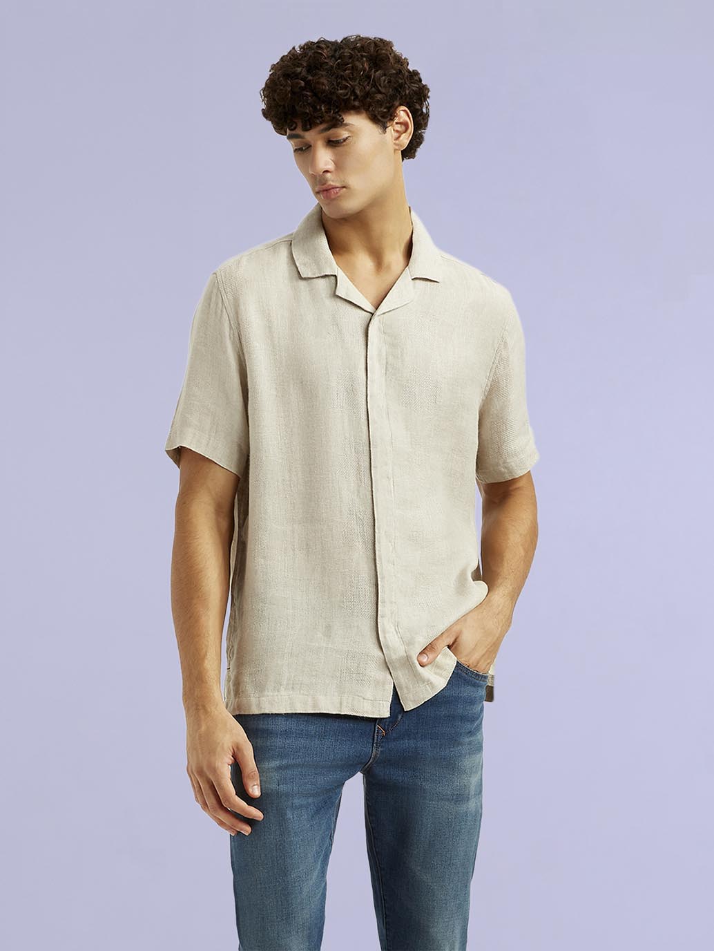 Men's Redloop Solid Beige Relaxed Fit Camp Shirt