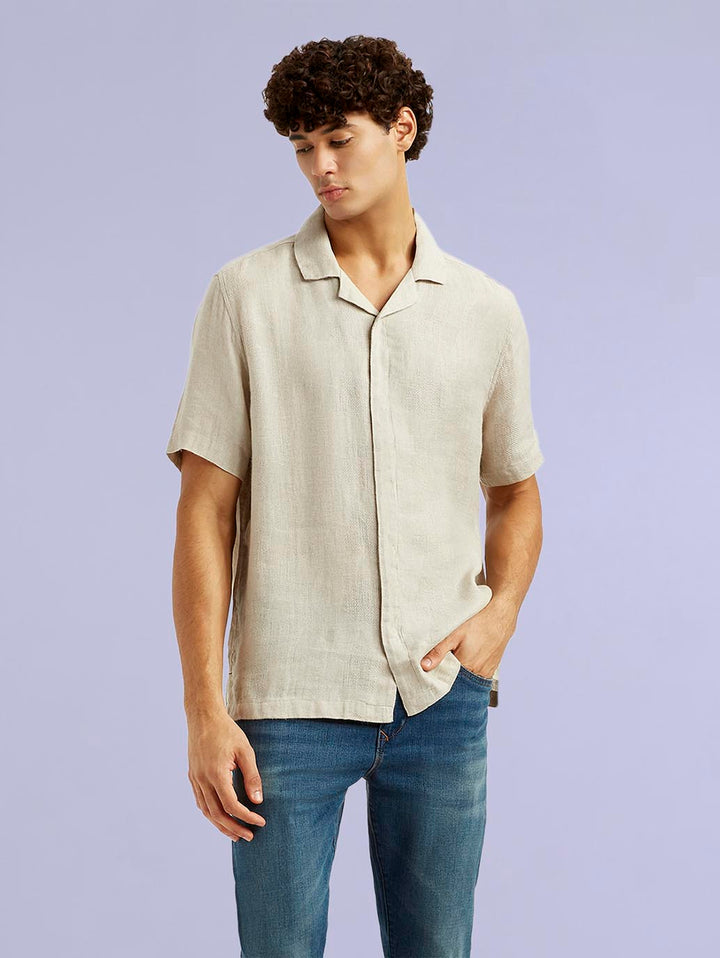 Men's Redloop Solid Beige Relaxed Fit Camp Shirt