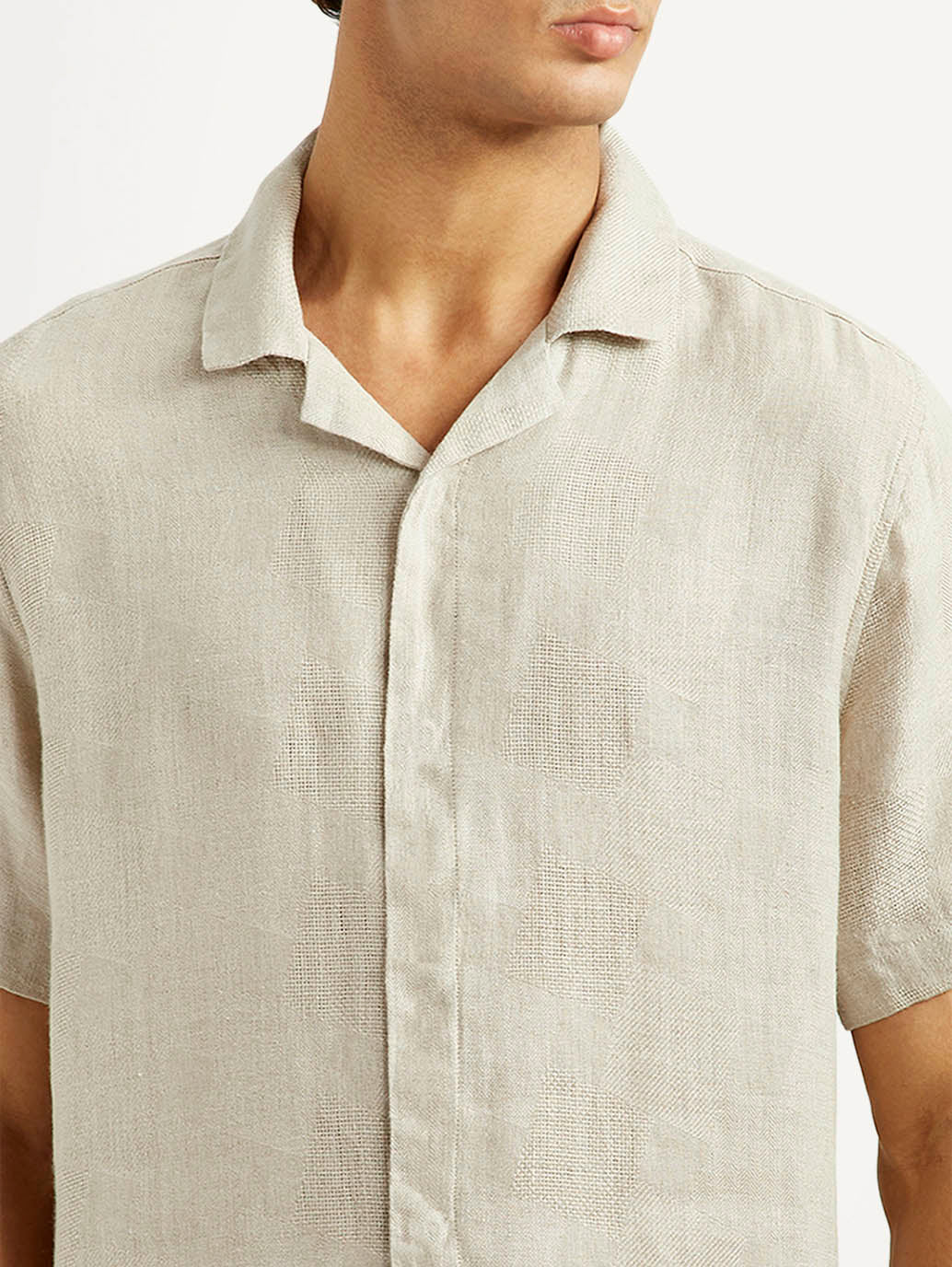 Men's Redloop Solid Beige Relaxed Fit Camp Shirt - Detail View