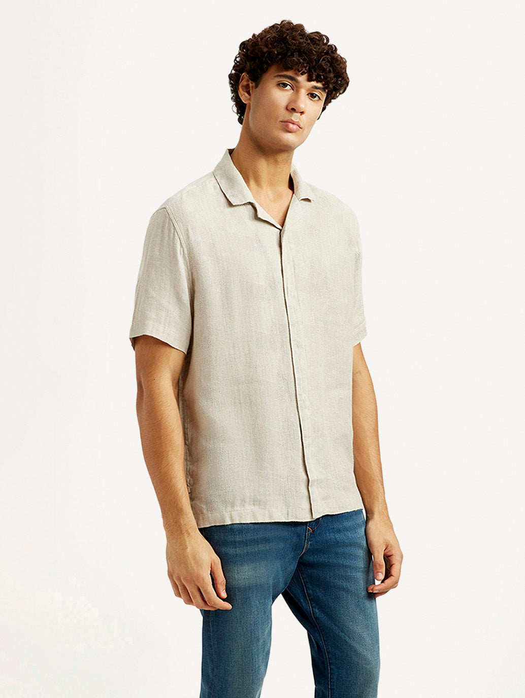 Men's Redloop Solid Beige Relaxed Fit Camp Shirt - Side View