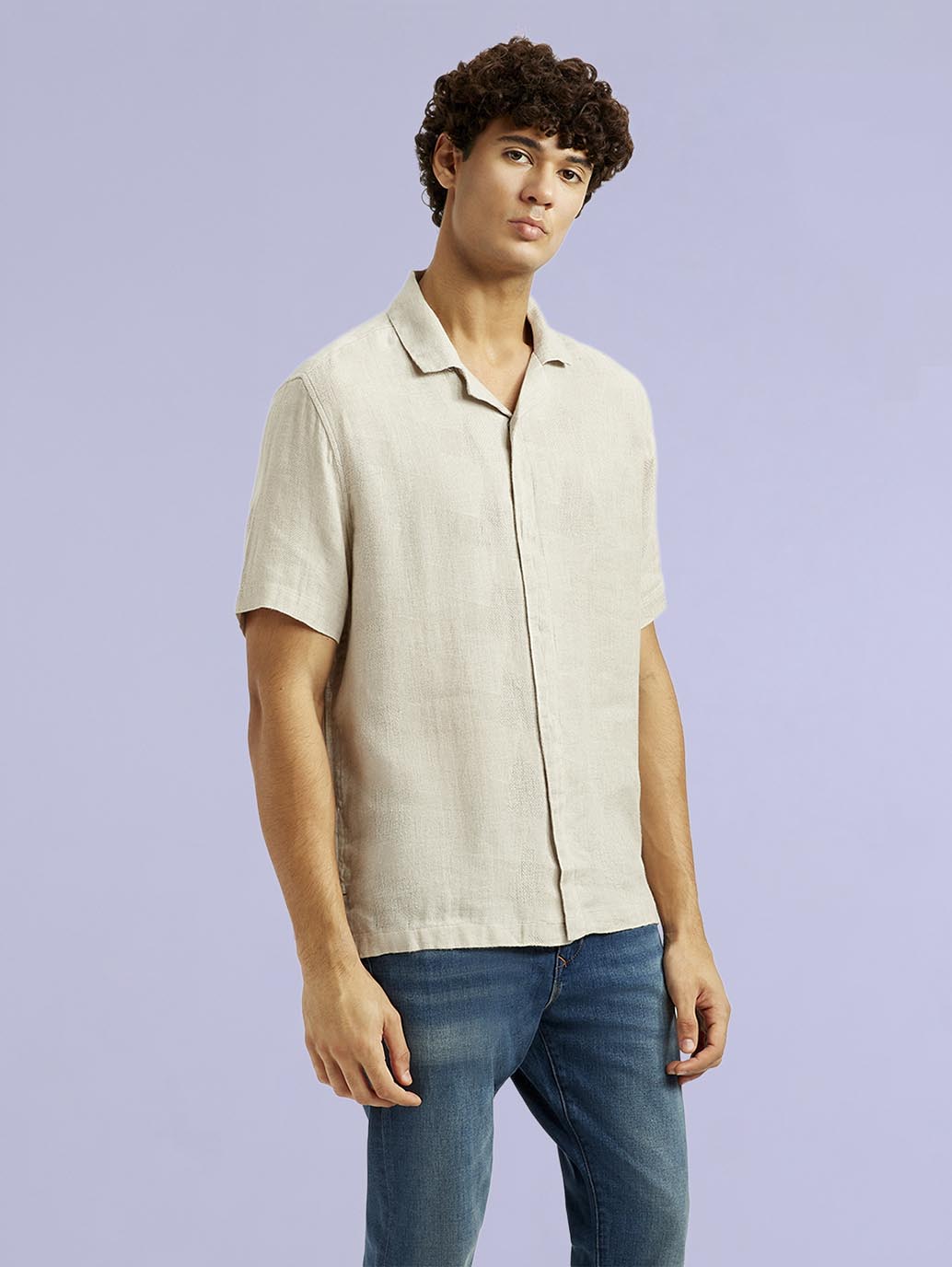 Men's Redloop Solid Beige Relaxed Fit Camp Shirt - a7f609e0-c16e-4748-b4b5-69c5503ddc42 View