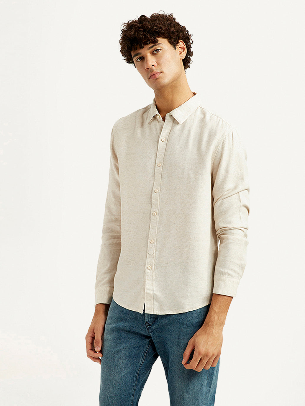 Men's Redloop Solid Beige Slim Fit Shirt - Side View