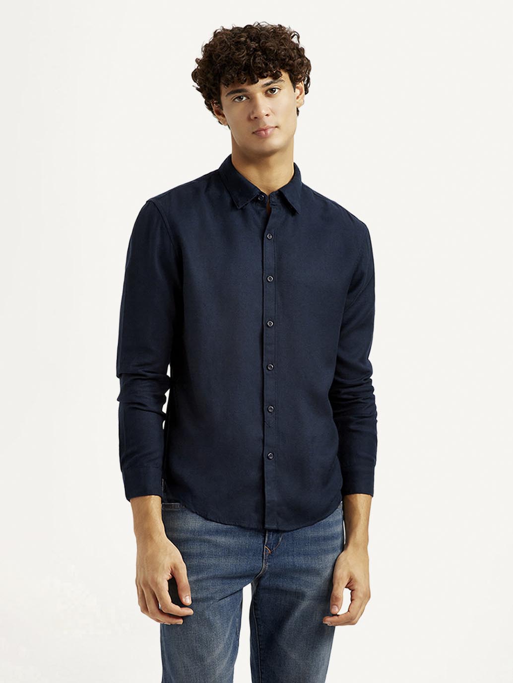 Men's Redloop Solid Navy Slim Fit Shirt - Front View