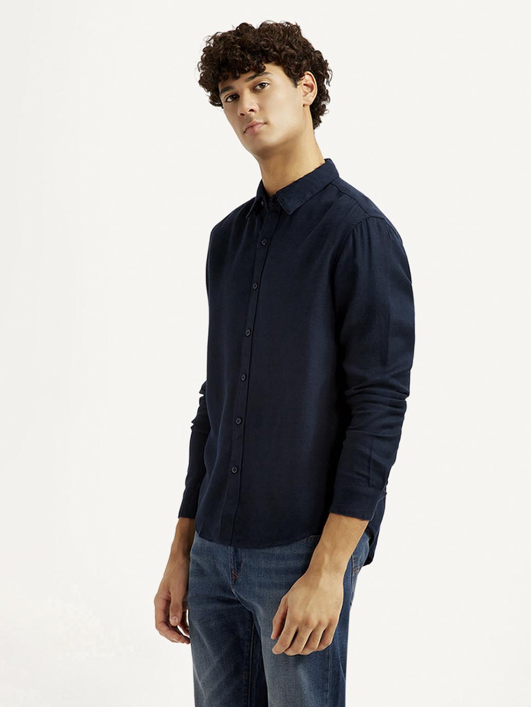 Men's Redloop Solid Navy Slim Fit Shirt - Side View