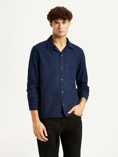 Men's Redloop Solid Navy Relaxed Fit Camp Shirt-image-9