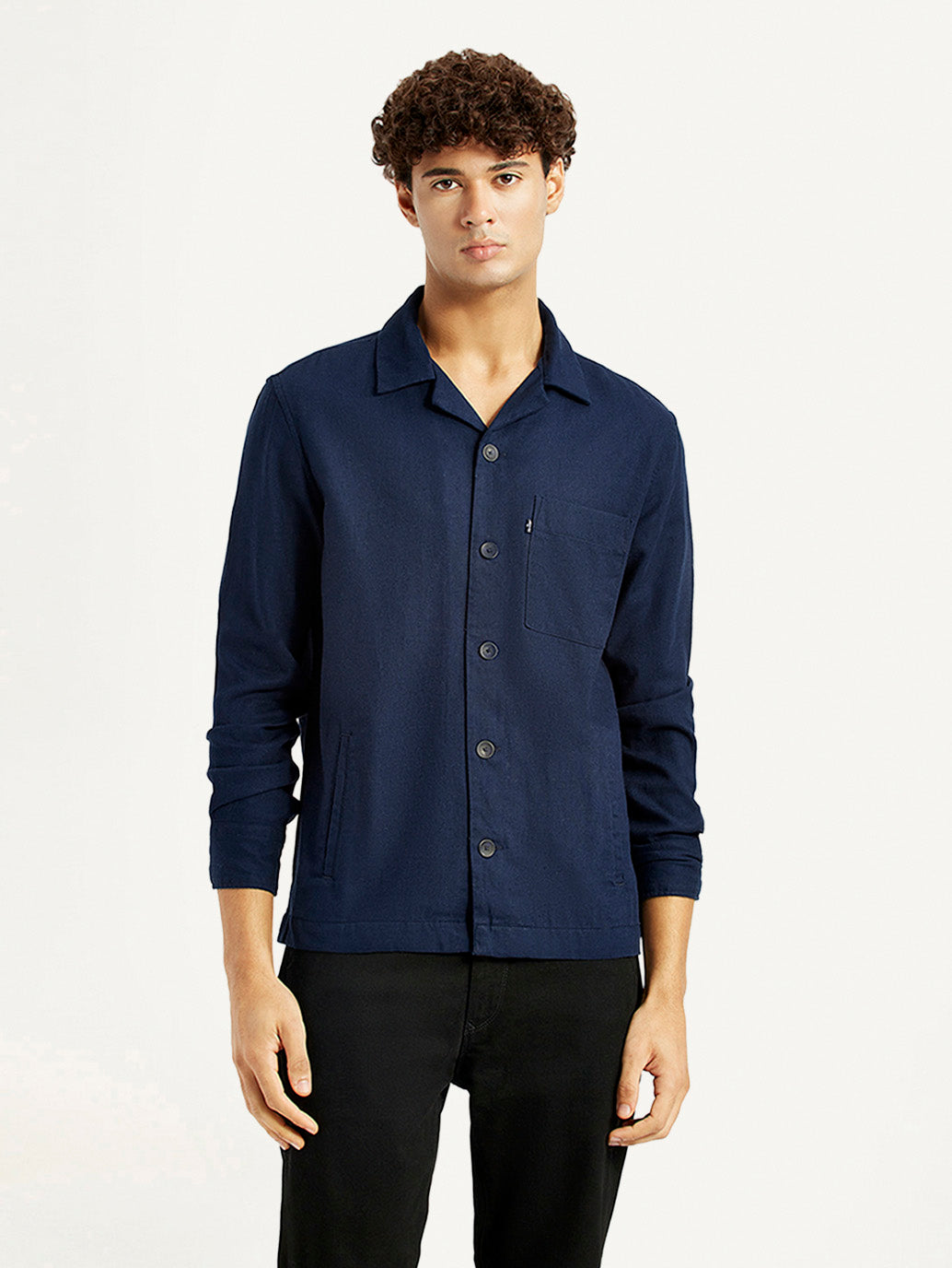 Men's Redloop Solid Navy Relaxed Fit Camp Shirt - Front View