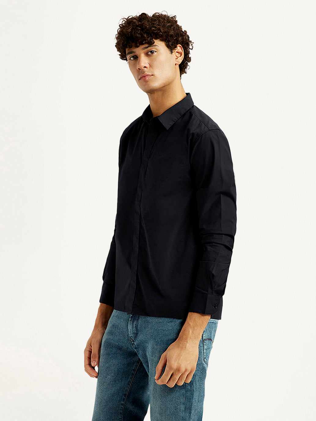 Men's Redloop Solid Black Slim Fit Shirt - Side View