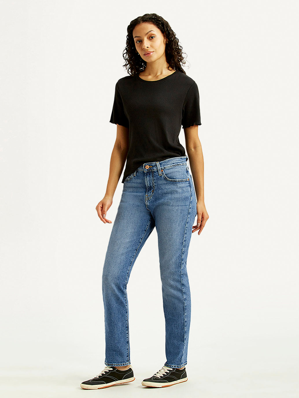 Women's Med Indigo Wedgie Straight Fit High Rise Jeans - Styleshot View