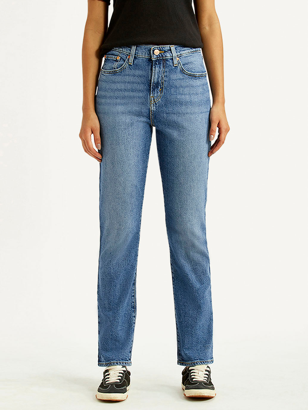 Women's Med Indigo Wedgie Straight Fit High Rise Jeans - Front View