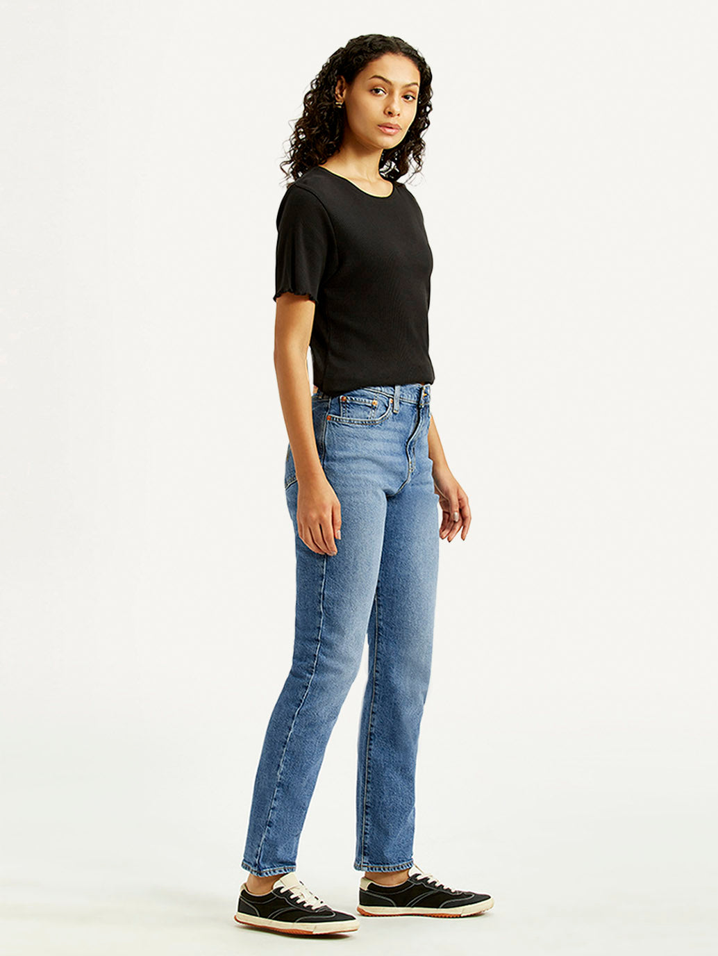 Women's Med Indigo Wedgie Straight Fit High Rise Jeans - Side View
