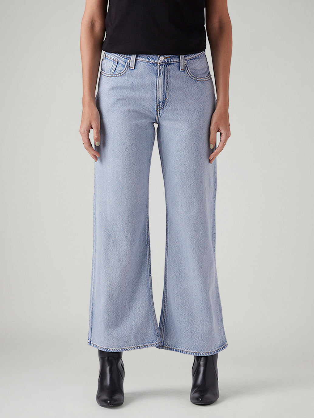 Women's Light Blue Loose Bootcut Fit Mid Rise Jeans - Front View