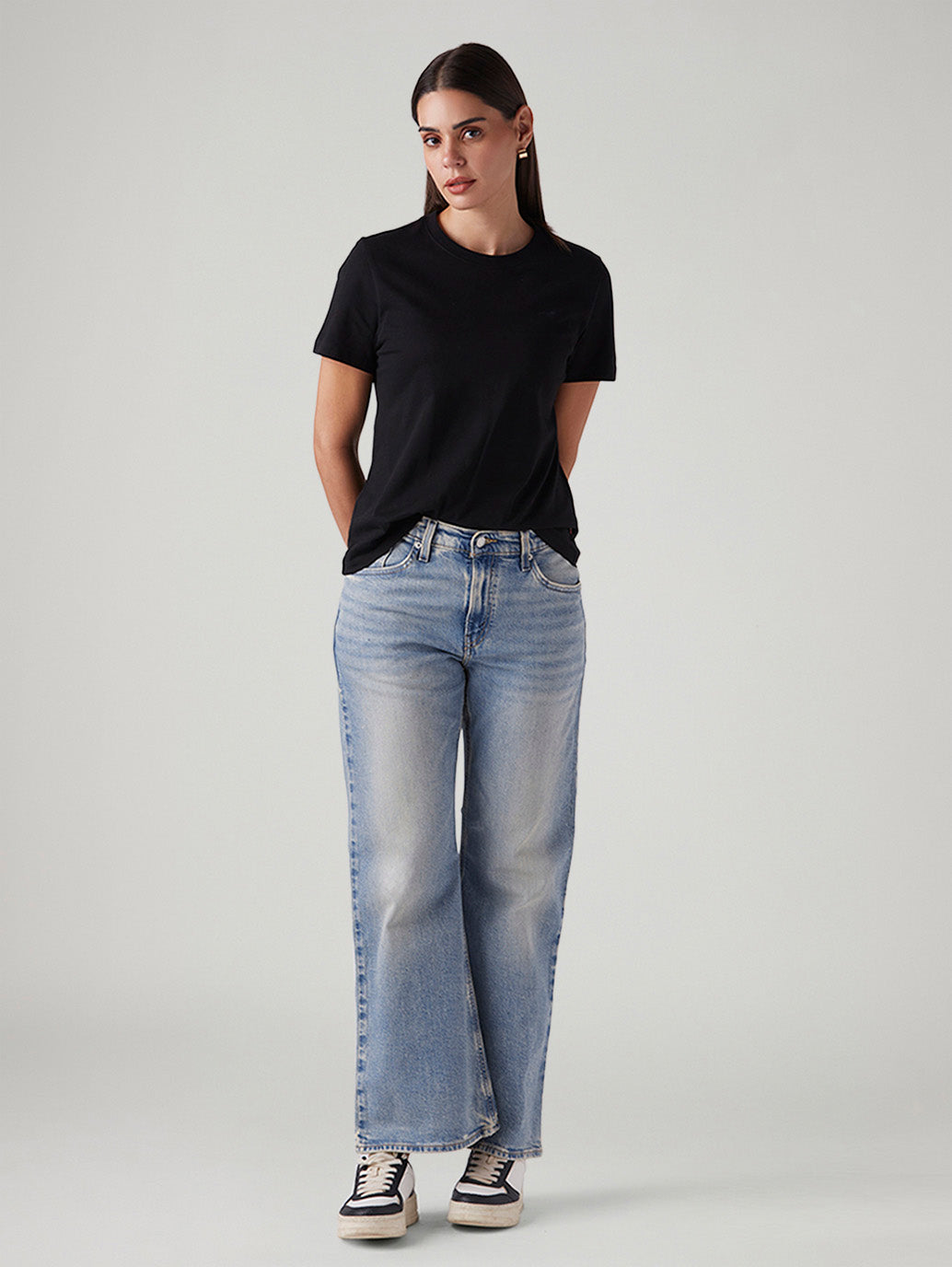 Women's Light Blue Loose Bootcut Fit Mid Rise Jeans - Styleshot View