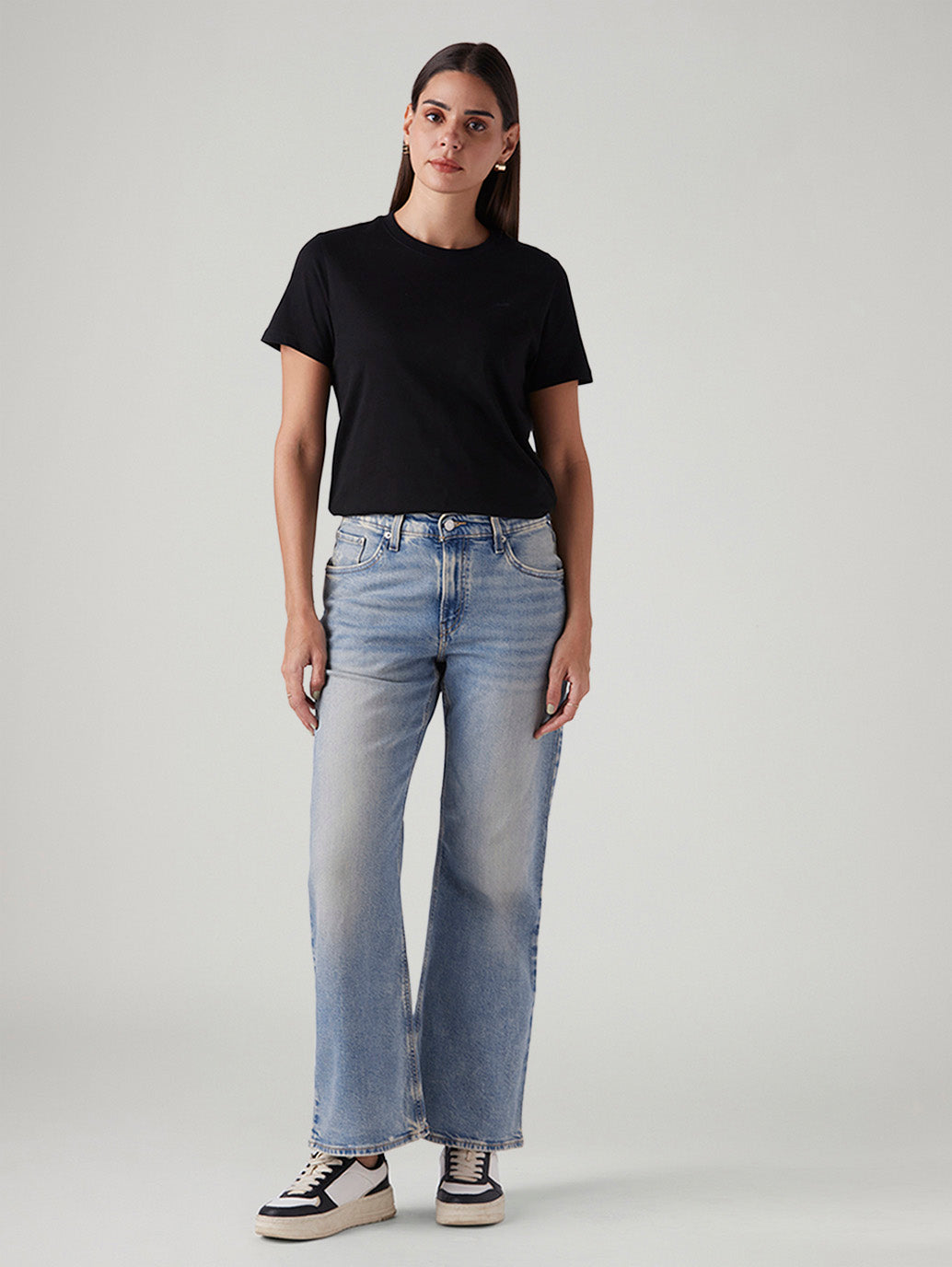 Women's Light Blue Loose Bootcut Fit Mid Rise Jeans - Front View