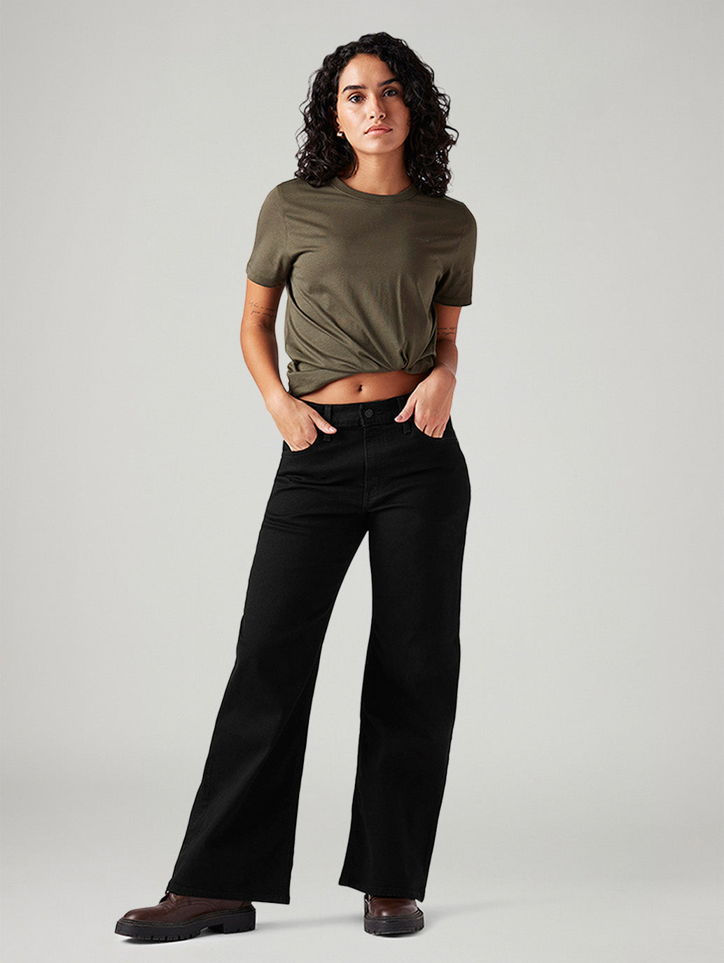 Women's Black Loose Bootcut Fit Mid Rise Jeans - Styleshot View