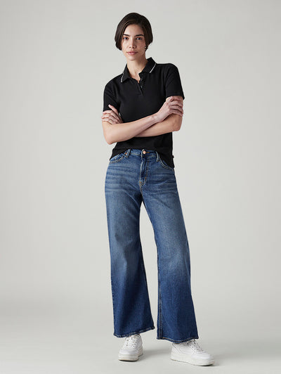 Women's Blue Loose Bootcut Fit Mid Rise Jeans