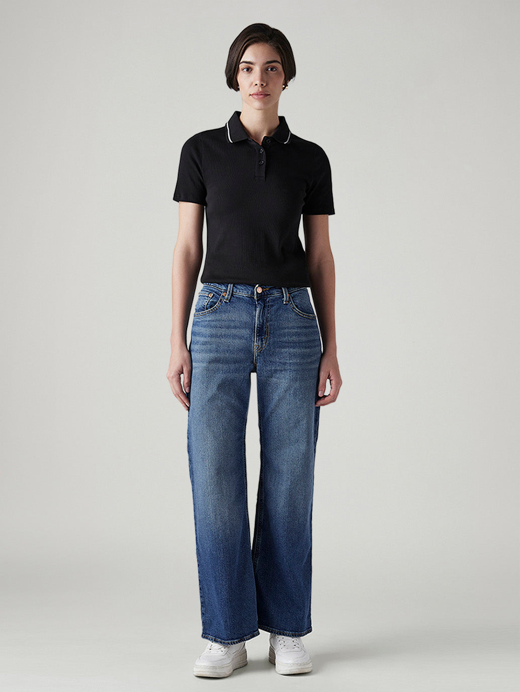 Women's Dark Indigo Loose Bootcut Fit Mid Rise Jeans - Front View
