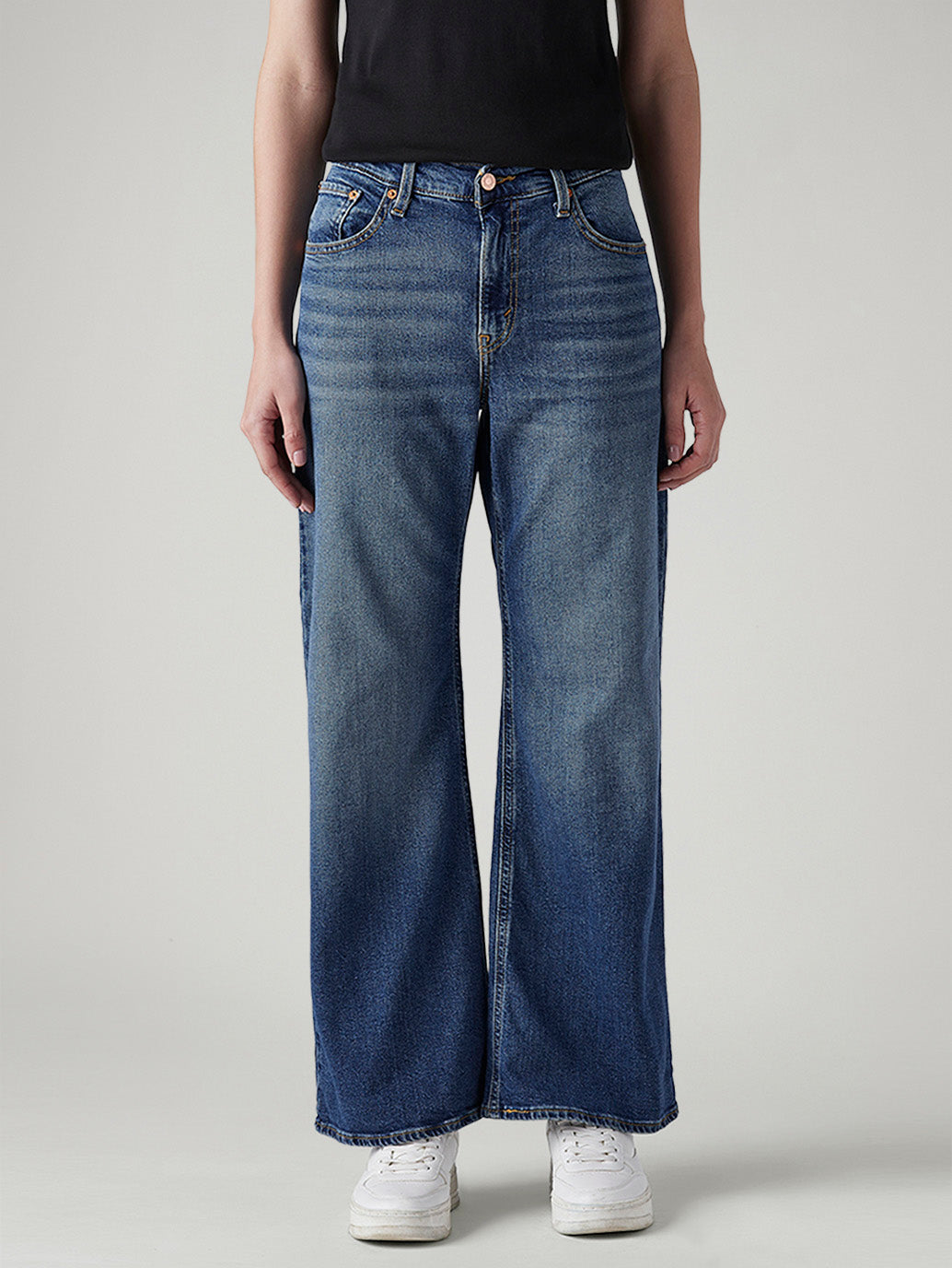 Women's Dark Indigo Loose Bootcut Fit Mid Rise Jeans - Front View