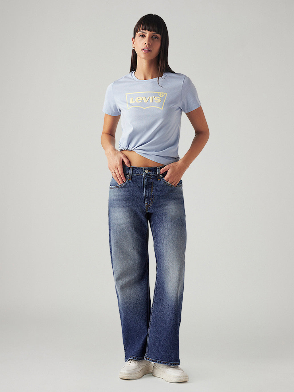 Women's Blue Loose Bootcut Fit Mid Rise Jeans - Styleshot View