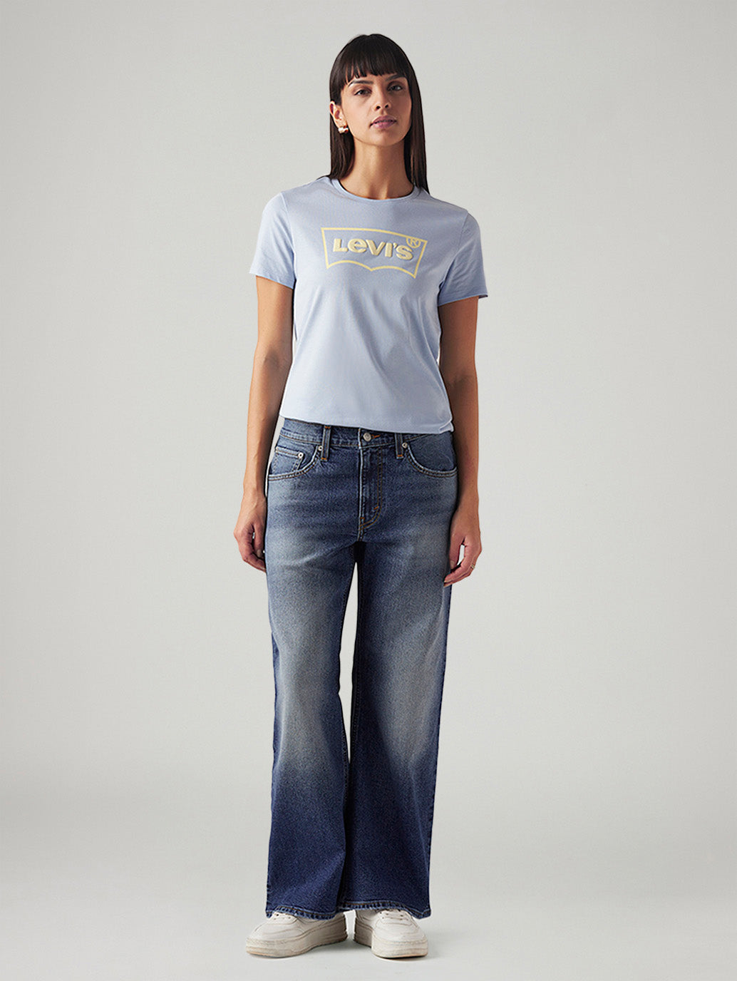 Women's Blue Loose Bootcut Fit Mid Rise Jeans - Front View