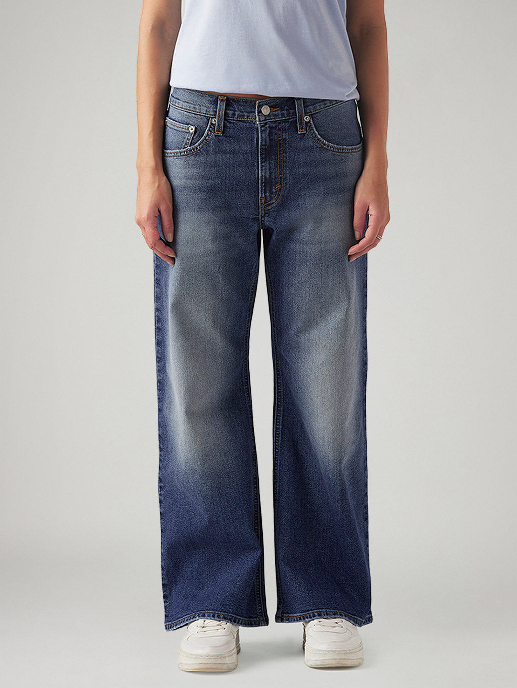 Women's Blue Loose Bootcut Fit Mid Rise Jeans - Front View