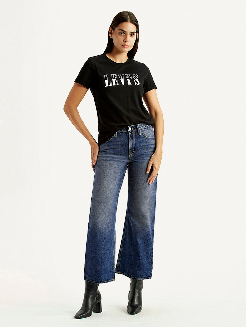 Women's Tinted Dark Indigo Loose Bootcut Fit Mid Rise Jeans