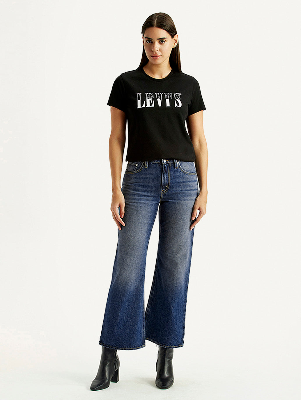 Women's Tinted Dark Indigo Loose Bootcut Fit Mid Rise Jeans - Front View