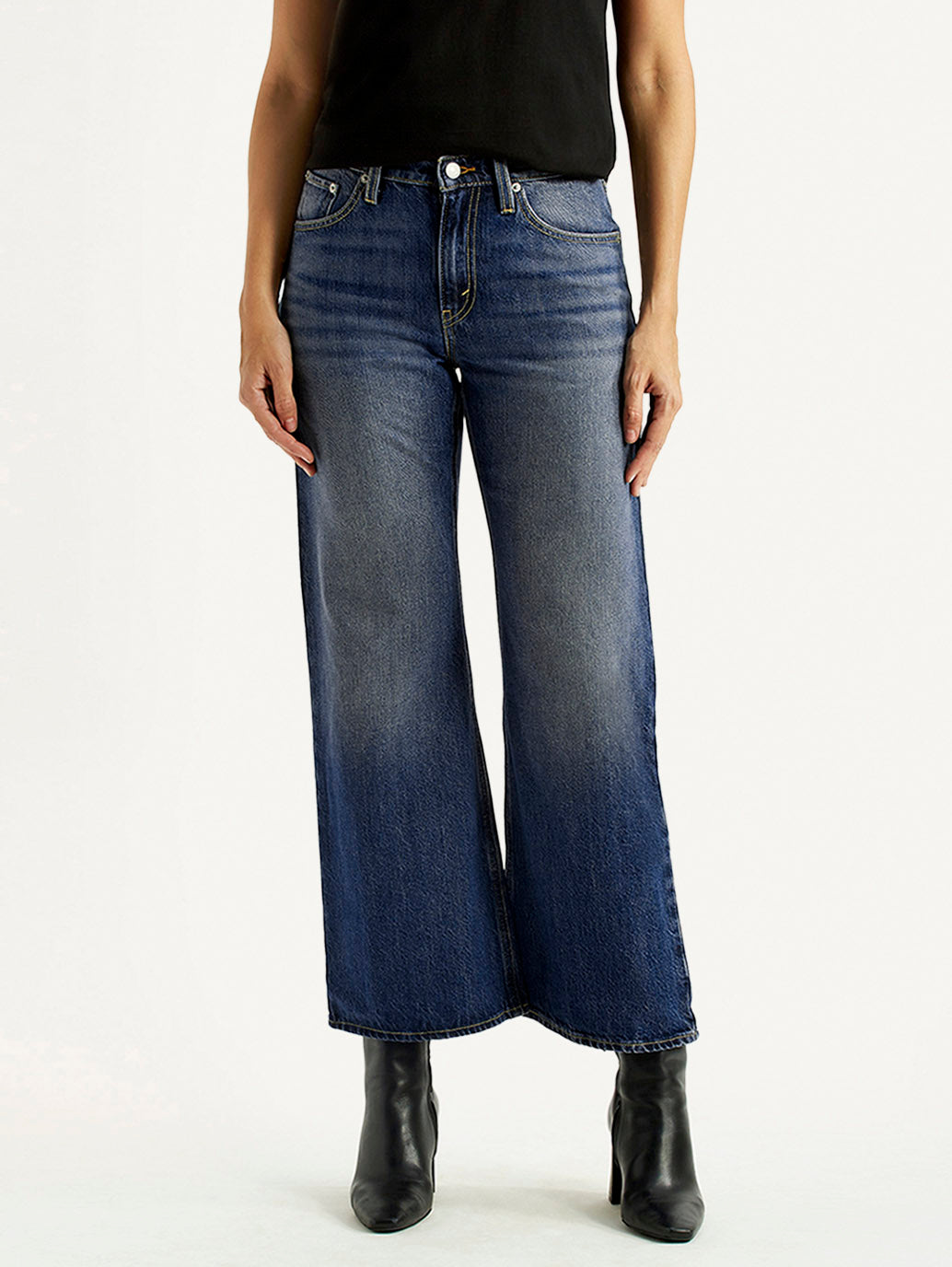 Women's Tinted Dark Indigo Loose Bootcut Fit Mid Rise Jeans - Front View
