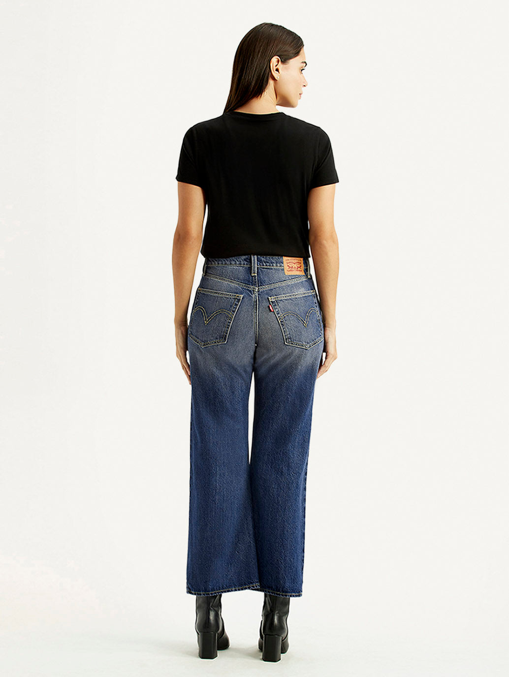 Women's Tinted Dark Indigo Loose Bootcut Fit Mid Rise Jeans - Back View